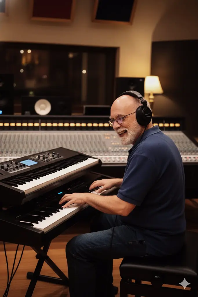Germán Tovar tocando piano en el estudio